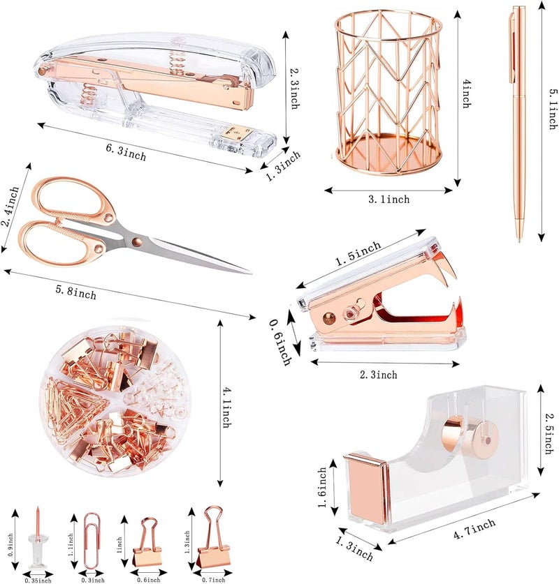 Famassi Rose Gold Desk Accessories，Office Supplies Set Acrylic Stapler Set Staple Remover, Tape Holder, 2 Ballpoint Pen, Scissor, Binder/Paper Clips and 1000pcs Staples. - Image 2